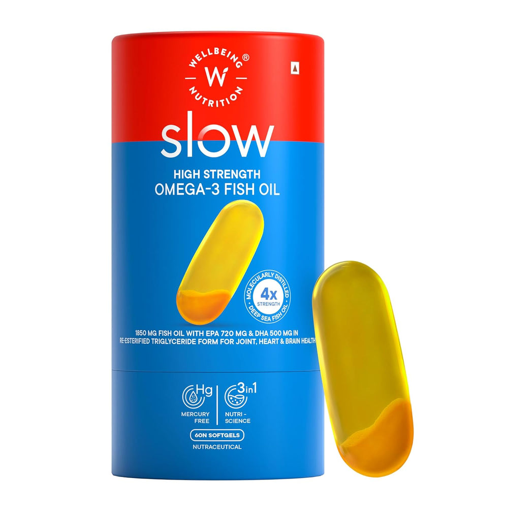 Wellbeing Nutrition Slow 4x Strength Omega 3 Fish Oil Capsules | 1800mg with EPA 720mg, DHA 500mg & Curcumin | Brain, Heart & Joint Health | 60 Capsules