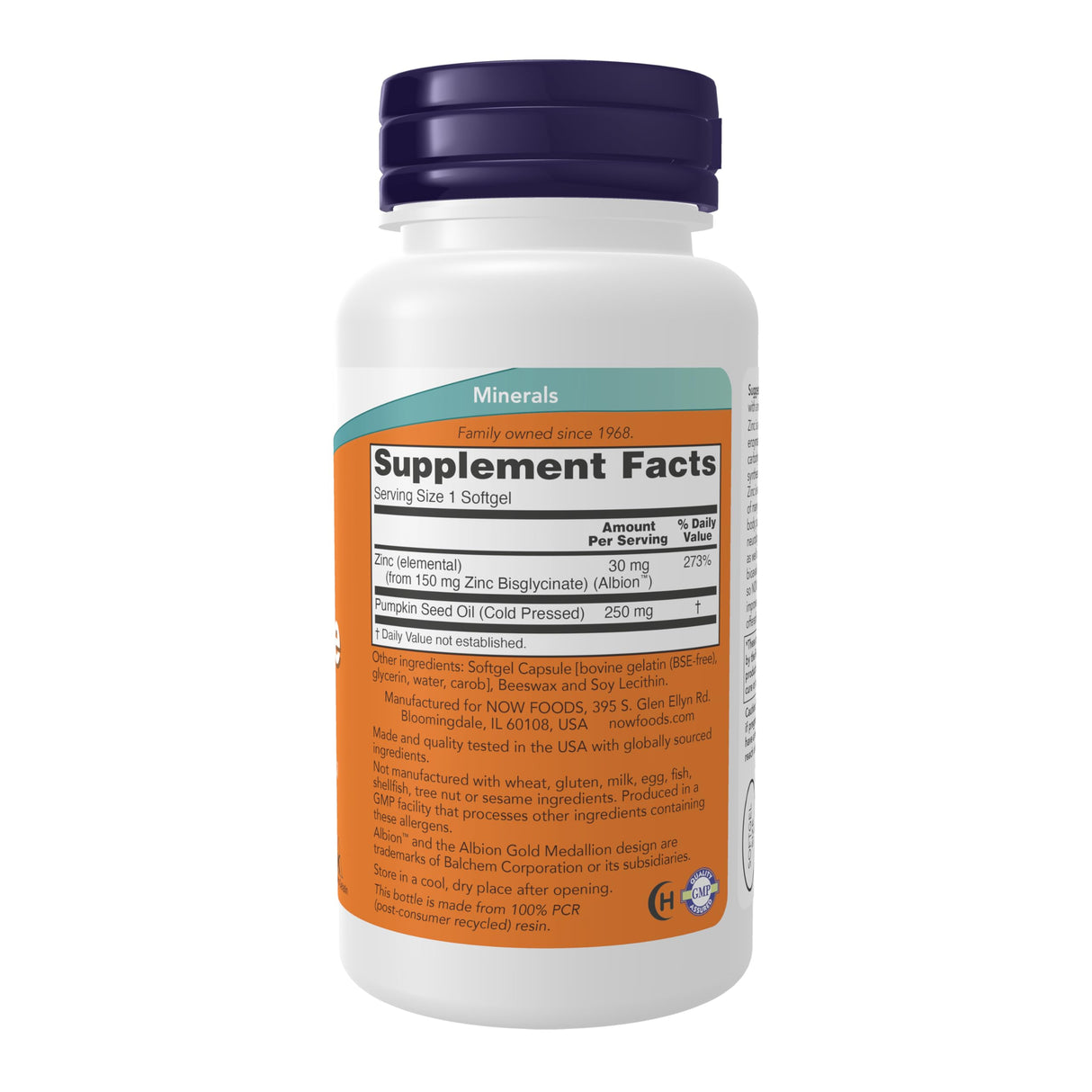 NOW Foods Zinc Glycinate | 250mg Pumpkin Seed Oil | 120 Softgels