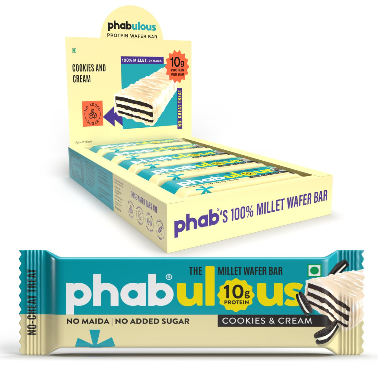 PHAB Protein Wafer Bar Cookies & Cream | 10g Protein | Millet-Based Snack | Pack of 10