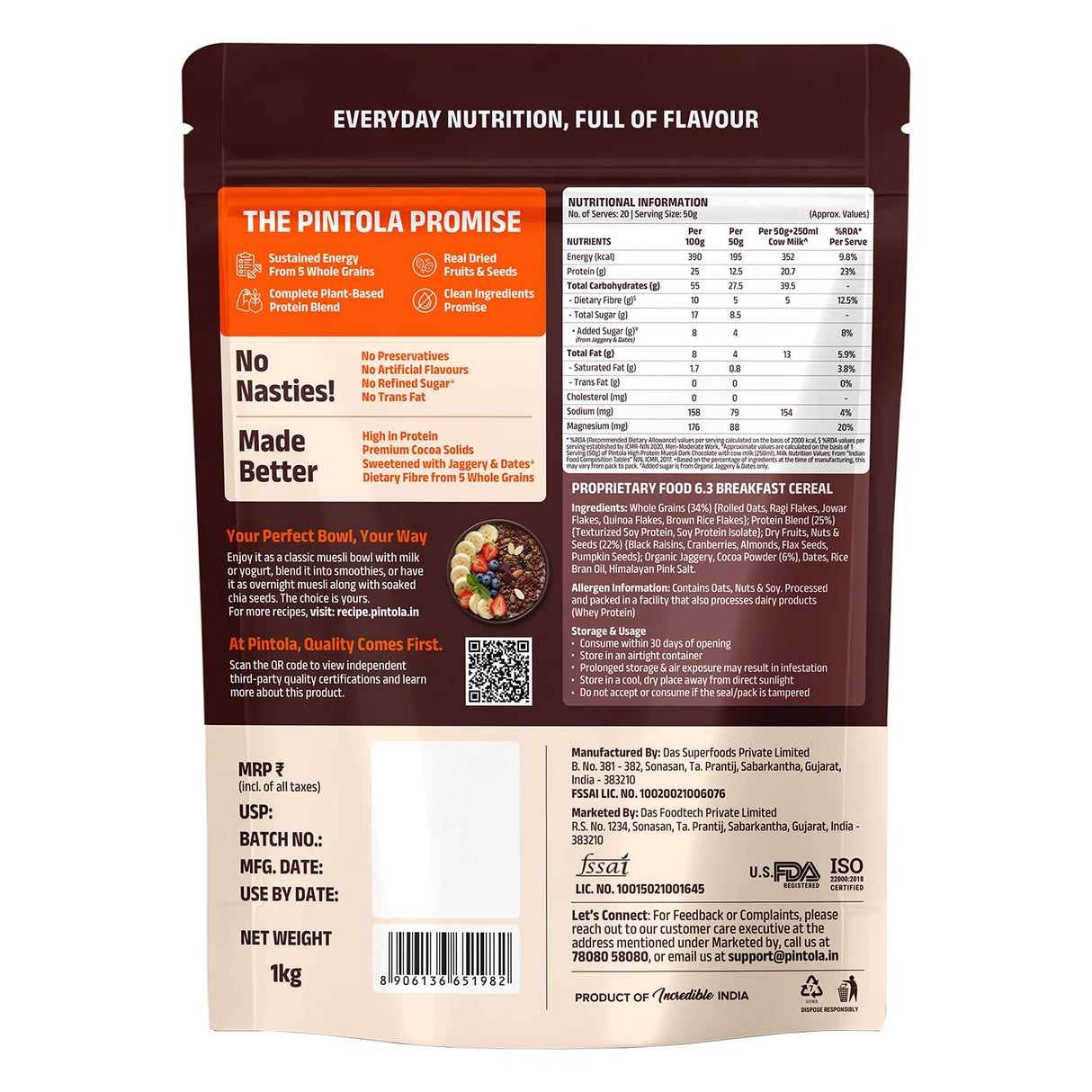 Pintola High Protein Dark Chocolate & Cranberry Muesli 1kg | 25g Protein | High Fibre
