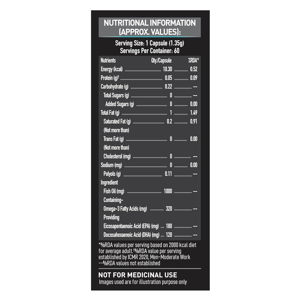 MuscleBlaze Omega 3 Fish Oil, 1000 mg (180 mg EPA and 120 mg DHA) - 60 Servings