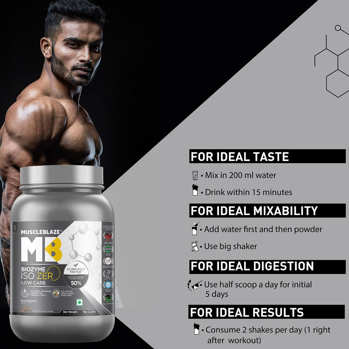 MuscleBlaze Biozyme Iso-Zero Low Carb Whey Protein Isolate - 1 Kg