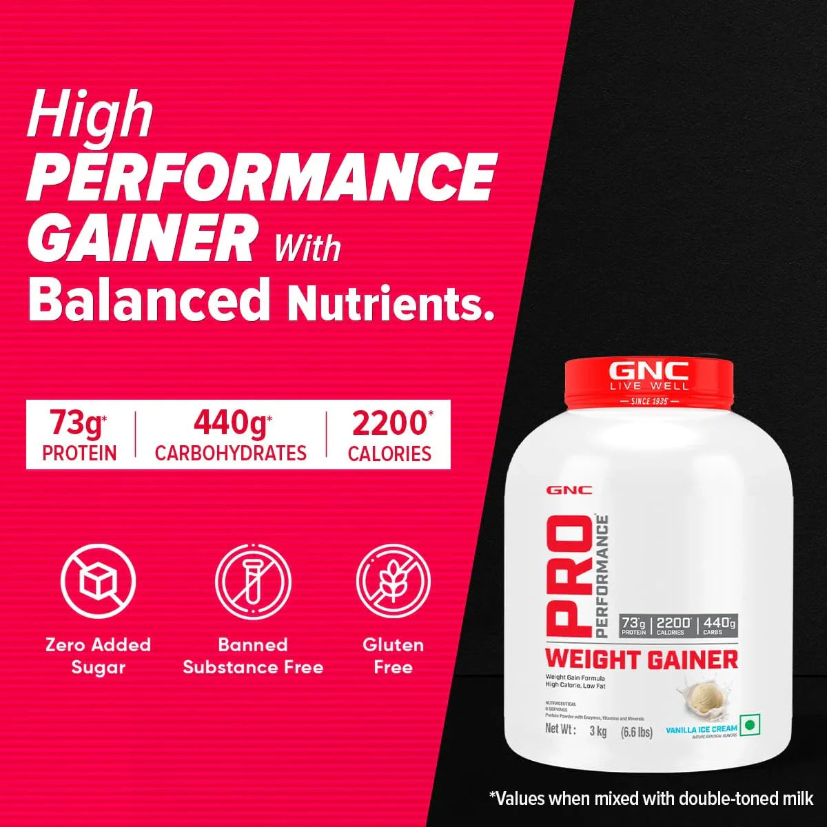 GNC Pro Performance Weight Gainer 3 Kg + Nutristar Micronized CREA Gold Creatine Monohydrate 250g (83 Servings) - Mass & Strength Bulking Combo