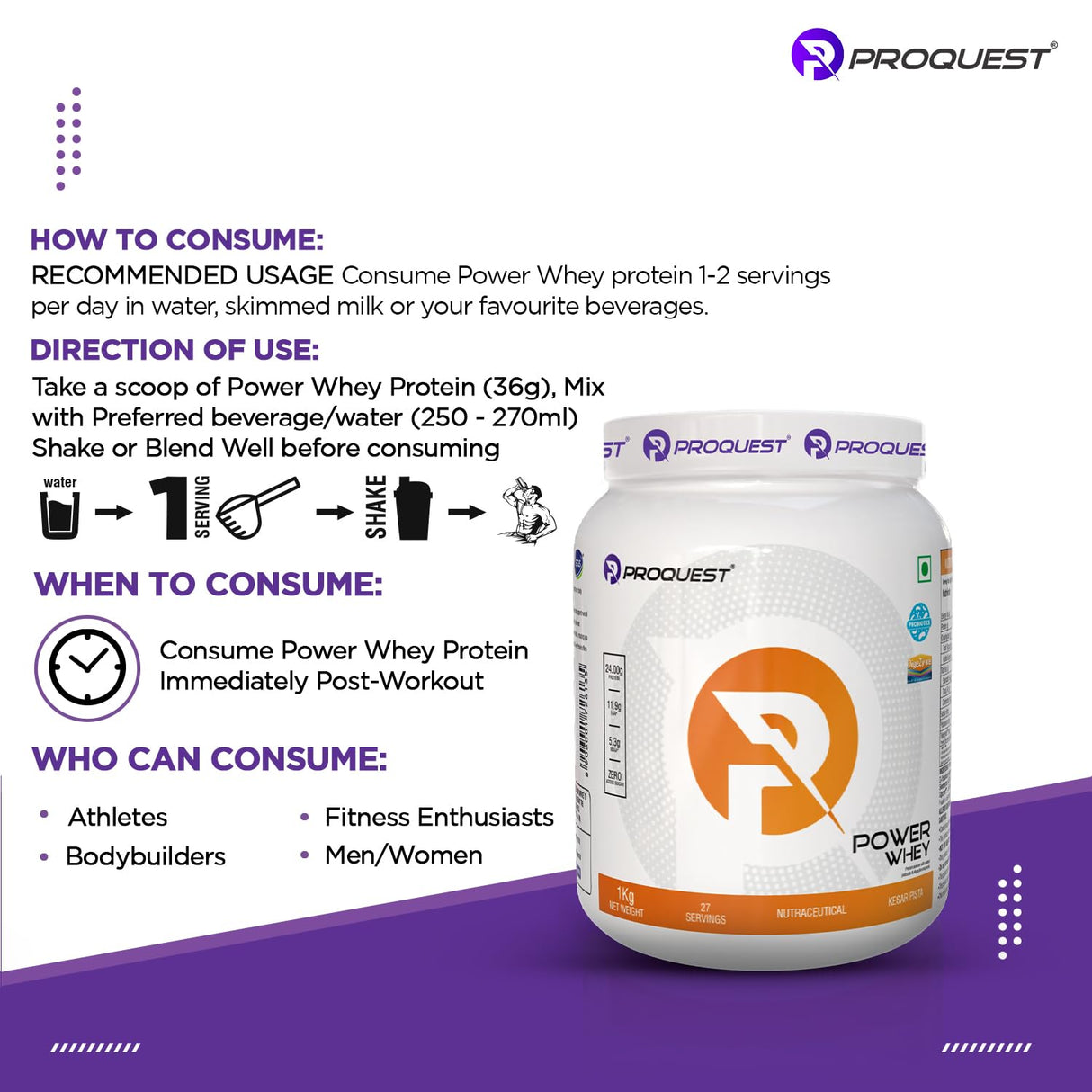Proquest Power Whey Protein | 24g Protein Per Scoop | 5.3G Bcaa & 11.9G Eaa | Added Probiotics & Digezyme For Fast & Easy Digestion | 1 Kg