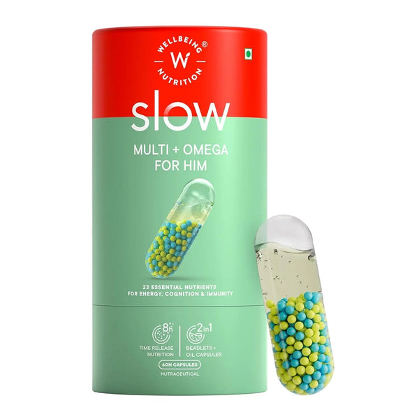 Wellbeing Nutrition Slow Multivitamin + Omega 3 for Him | Probiotics, B-Complex, Ginseng, 23 Vitamins & Minerals | Stamina & Metabolism | 60 Veg Capsules