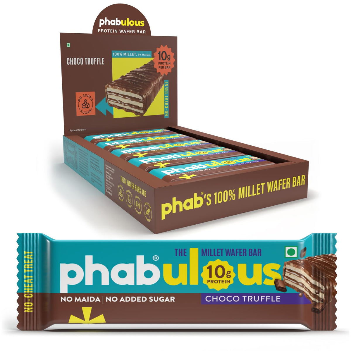 PHAB Protein Wafer Bar Cookies & Cream | 10g Protein | Millet-Based Snack | Pack of 10