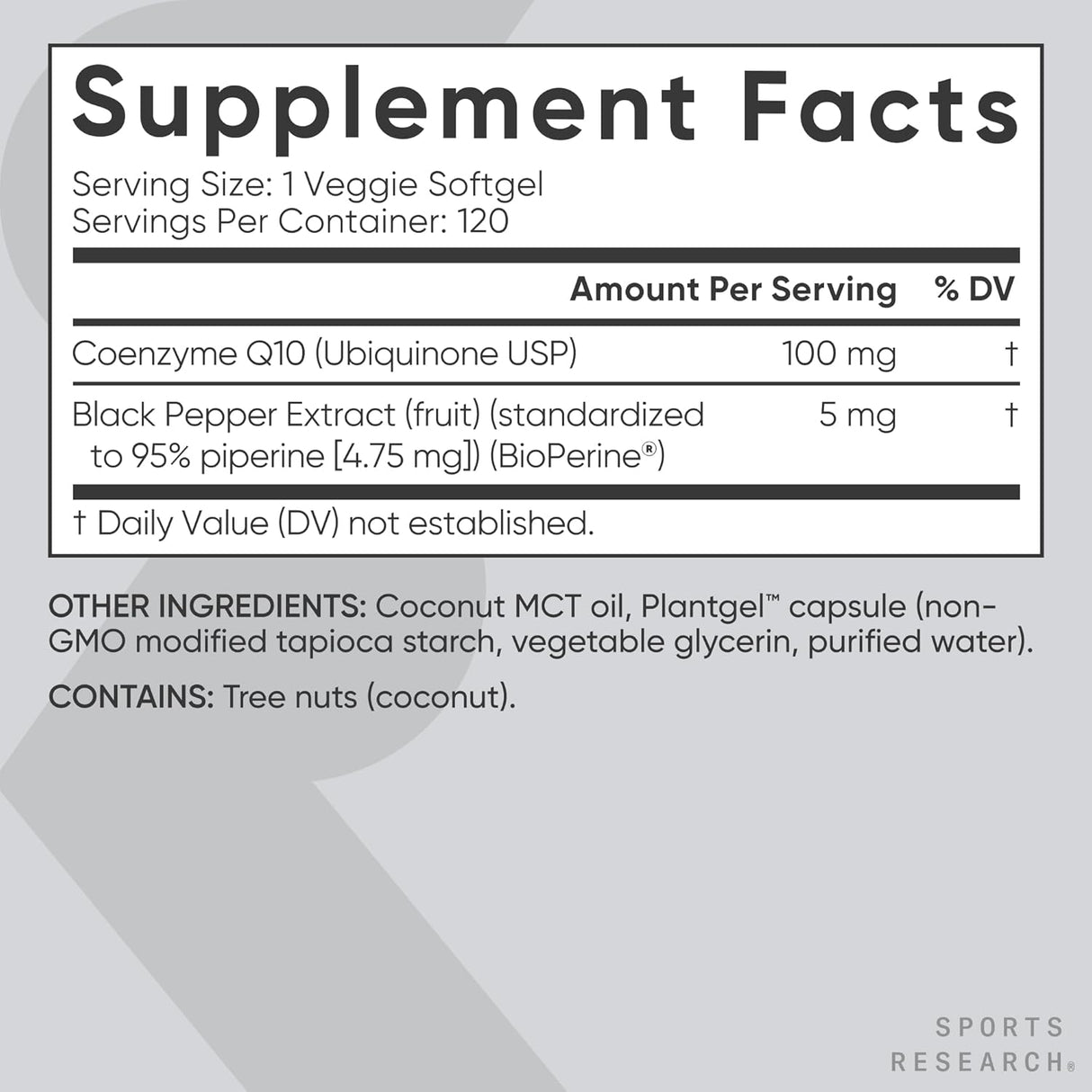 Sports Research COQ10 100mg with Coconut Oil & BioPerine | 120 Veggie Softgels