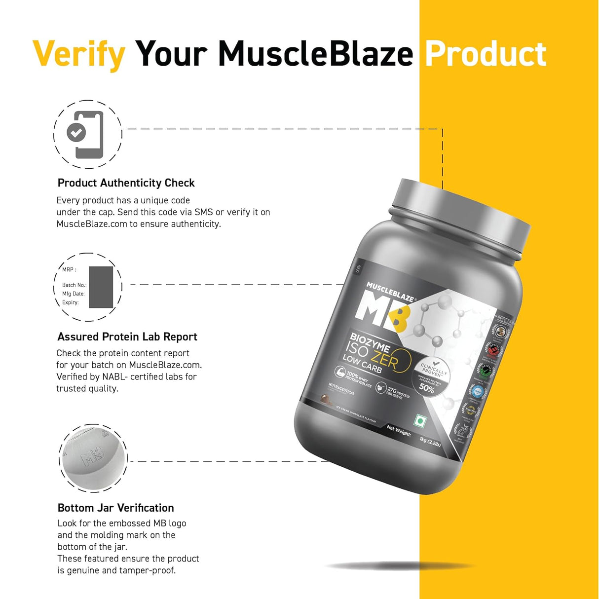 MuscleBlaze Biozyme Iso-Zero Low Carb Whey Protein Isolate - 1 Kg