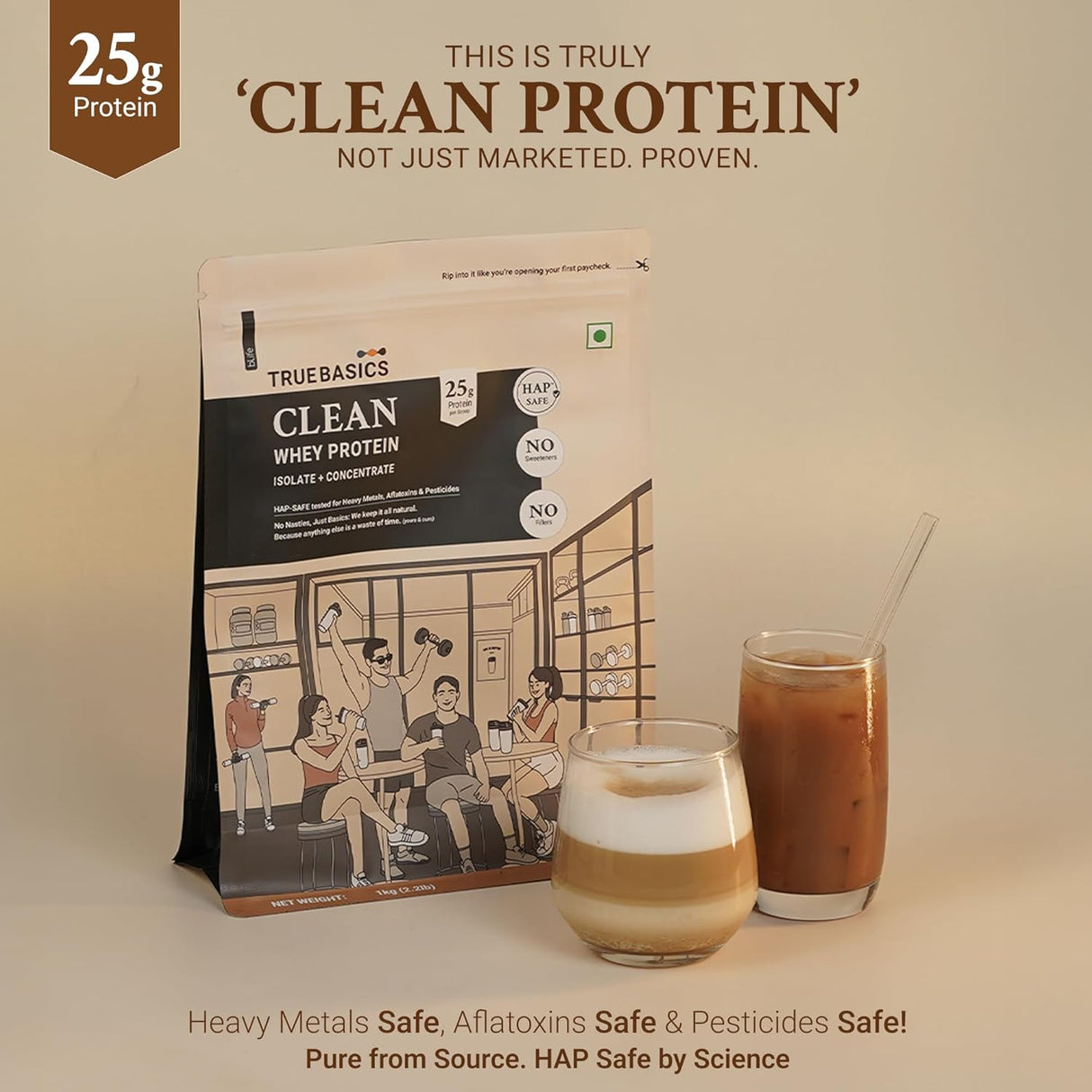 TrueBasics Clean Whey Protein Powder Isolate & Concentrate Blend (1 Kg) | 25g Protein | Trustified Gold Certified