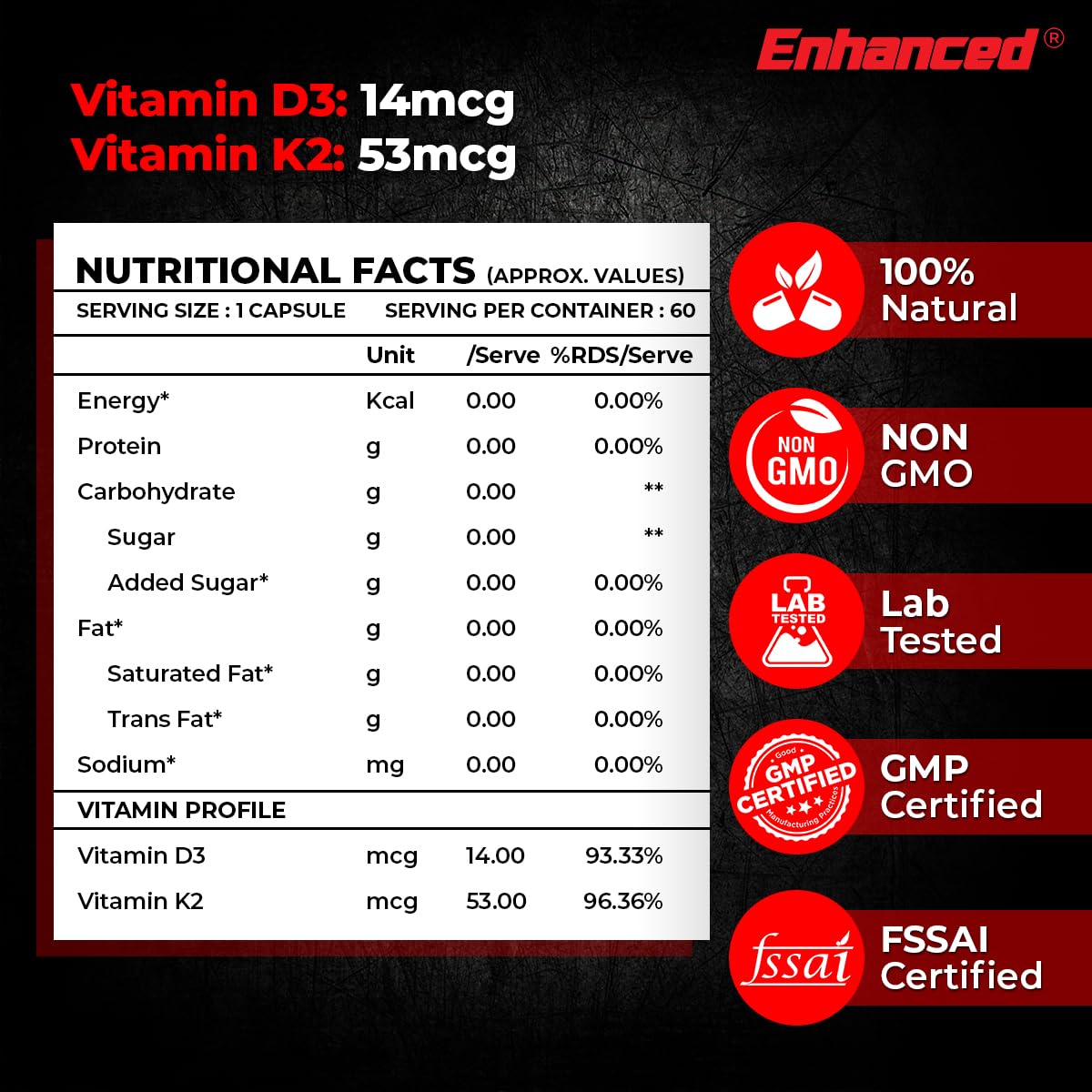 Enhanced Labs Vitamin D3 + K2 Supplement – 60 Capsules | Bone & Immune Support