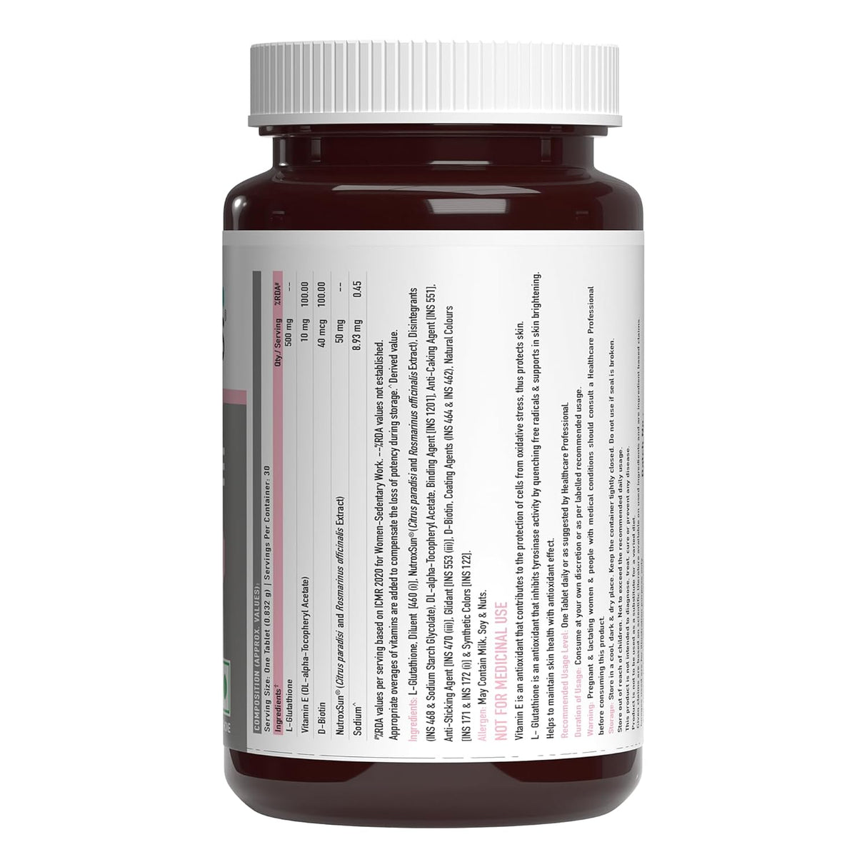 TrueBasics Glutathione Supplement | 30 Tablets | Nutroxsun, Biotin & Vitamin E