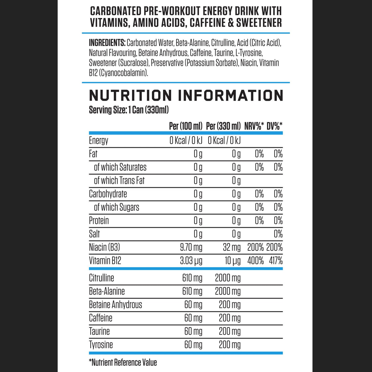 Applied Nutrition ABE Pre-Workout RTD | Sugar-Free Carbonated Drink | 330ml x 12
