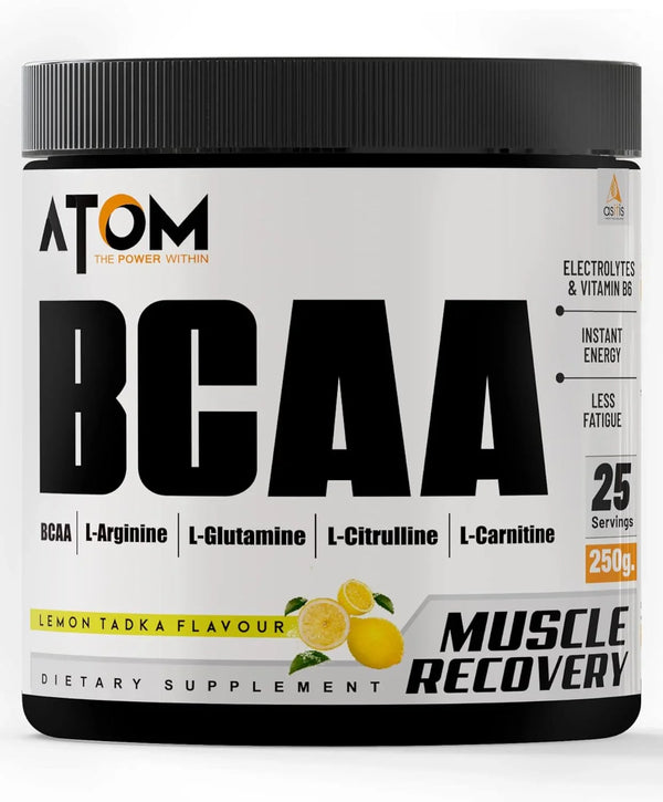 Buy ATOM BCAA lemon tadka flavor muscle recovery supplement 250g at Nutristar online store