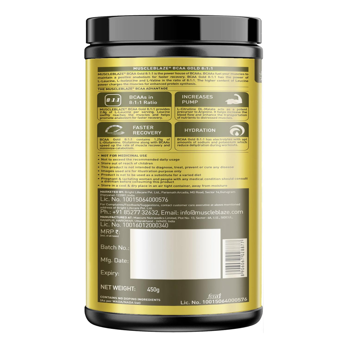 MuscleBlaze BCAA Gold 8 : 1 : 1 450 Gms