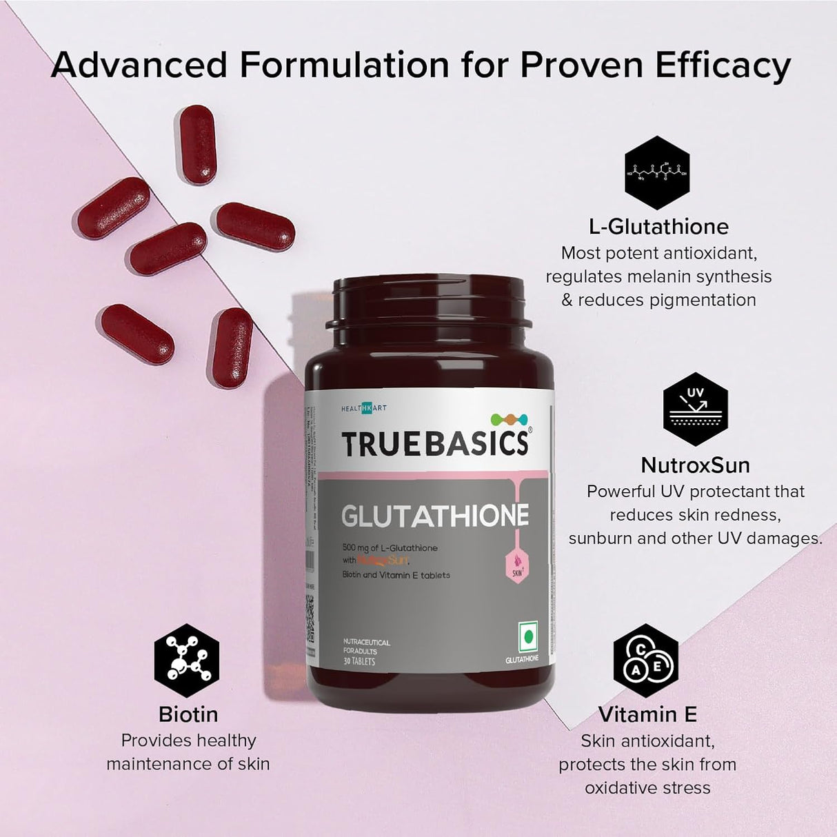 TrueBasics Glutathione Supplement | 30 Tablets | Nutroxsun, Biotin & Vitamin E