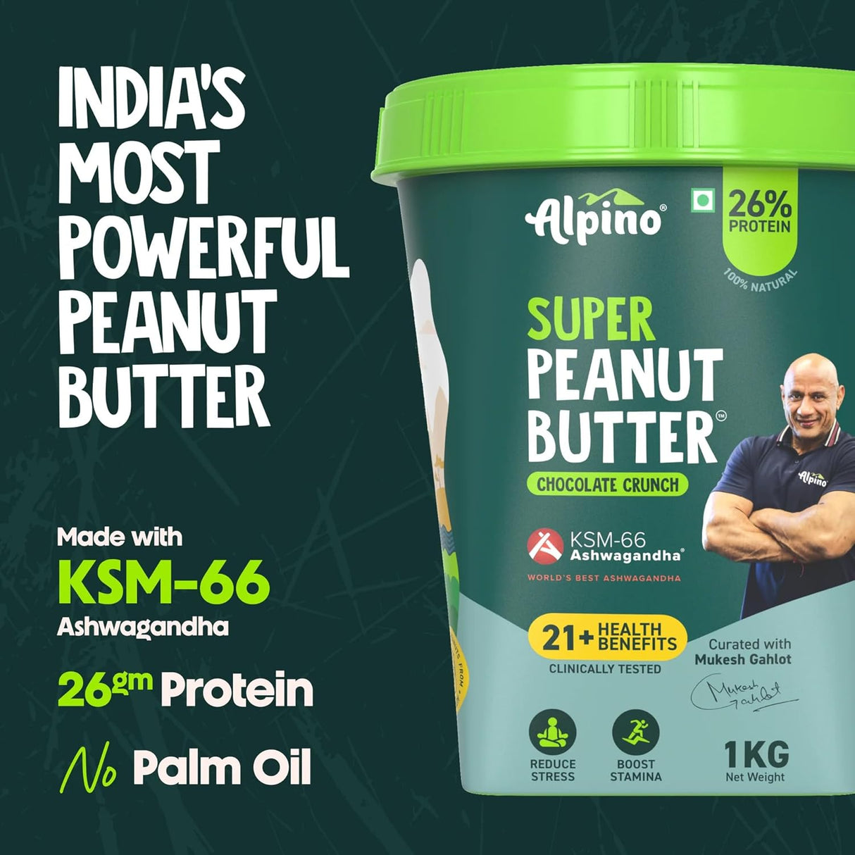 Alpino Super Peanut Butter with KSM-66 Ashwagandha Chocolate Crunch - 1 Kg
