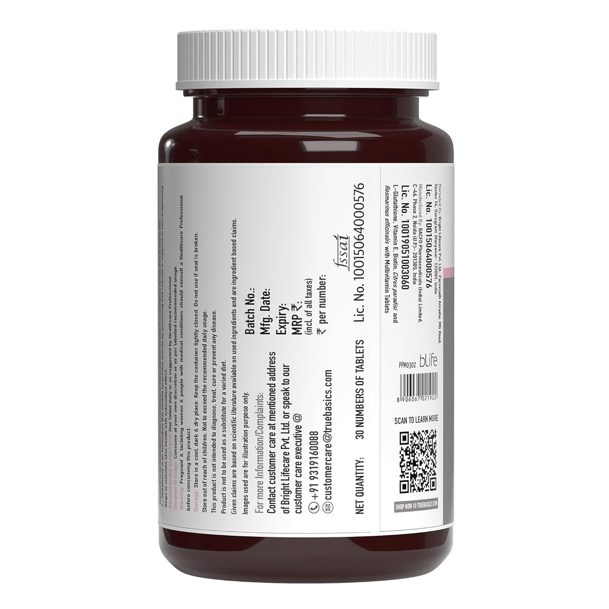 TrueBasics Glutathione Supplement | 30 Tablets | Nutroxsun, Biotin & Vitamin E