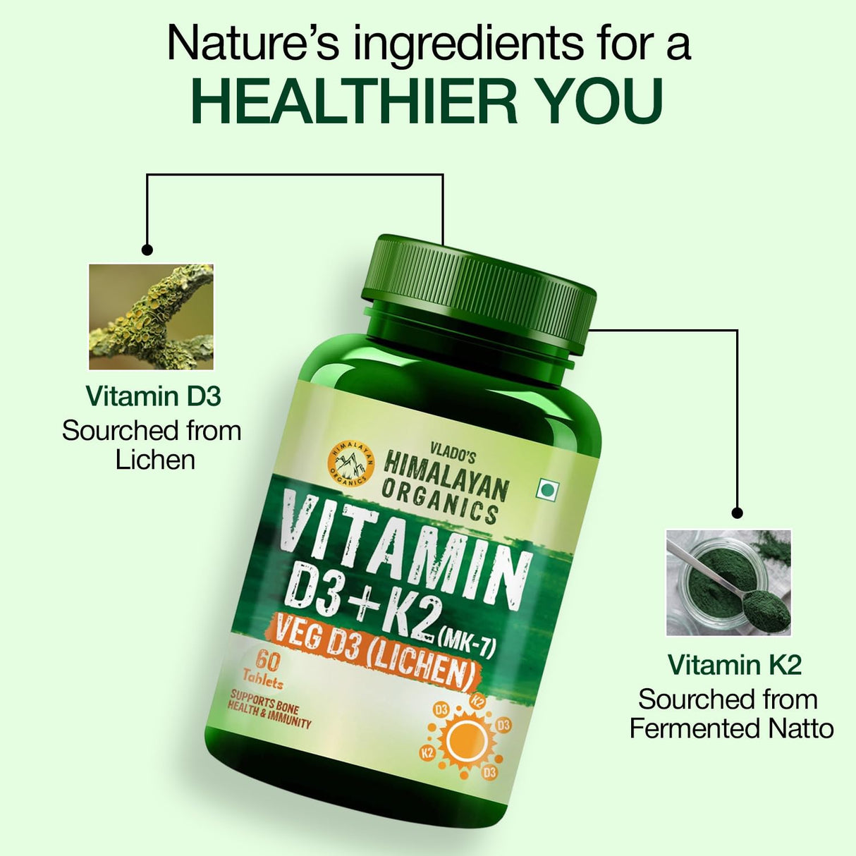 Vlado's Himalayan Organics Vitamin D3 600 IU + K2 MK7 55 mcg Tablets | Lichen-Sourced Plant-Based Formula | 60 Veg Tablets