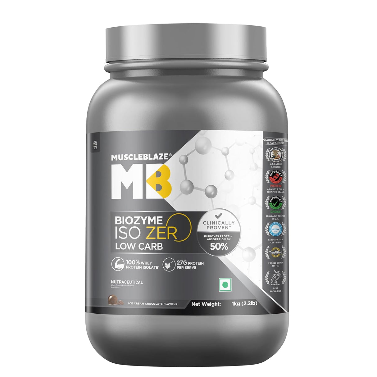 MuscleBlaze Biozyme Iso-Zero Low Carb Whey Protein Isolate - 1 Kg