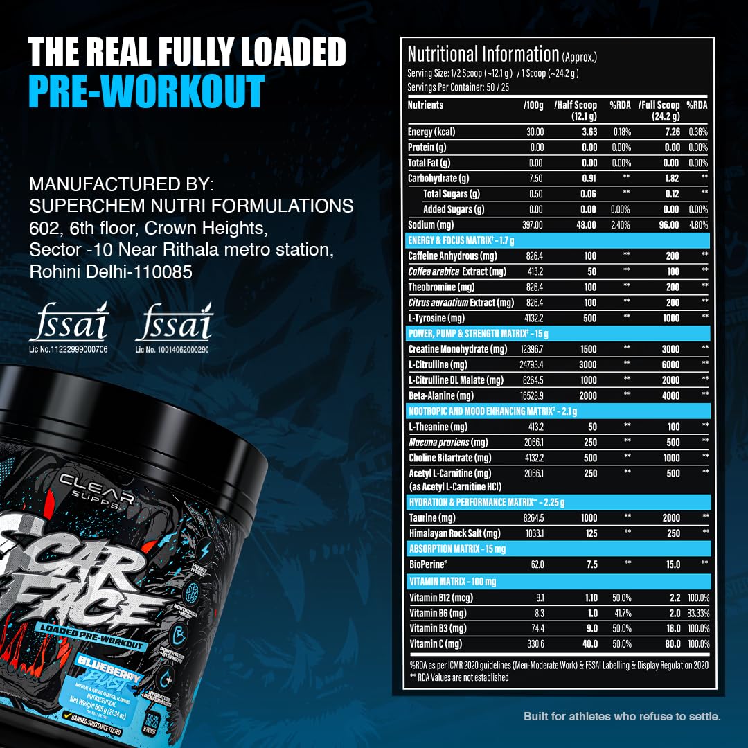 Clear Supps Scarface Fully Loaded Pre-Workout Powder 650g | Creatine, Citrulline & Beta-Alanine | 50 Servings