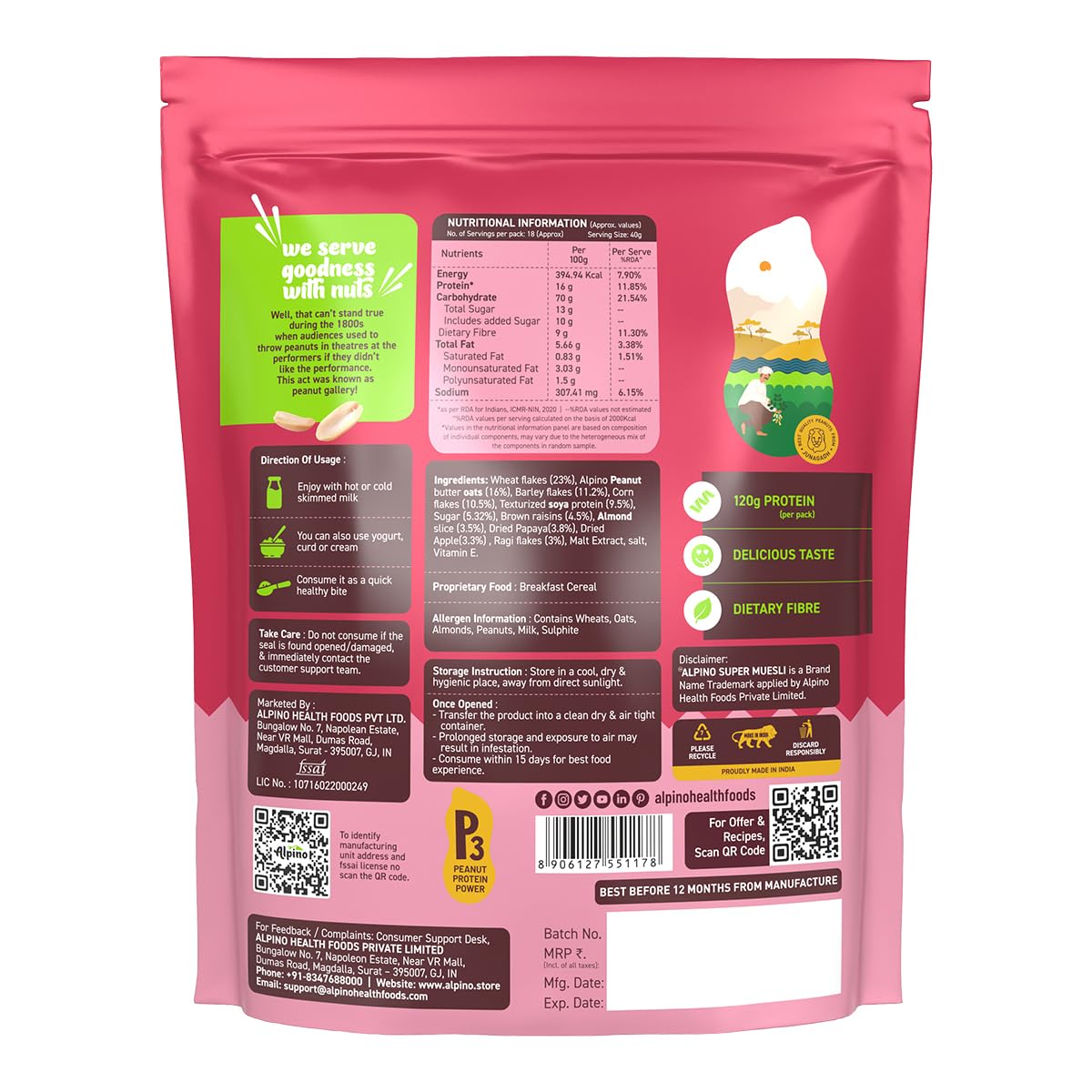 Alpino Protein Rich Super Muesli (Whole Grain Breakfast Cereal) - 750 gm