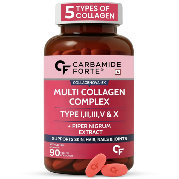 Carbamide Forte Multi Collagen | Hydrolyzed Peptides Type I, II, III, V & X for Skin Support | 90 Tablets