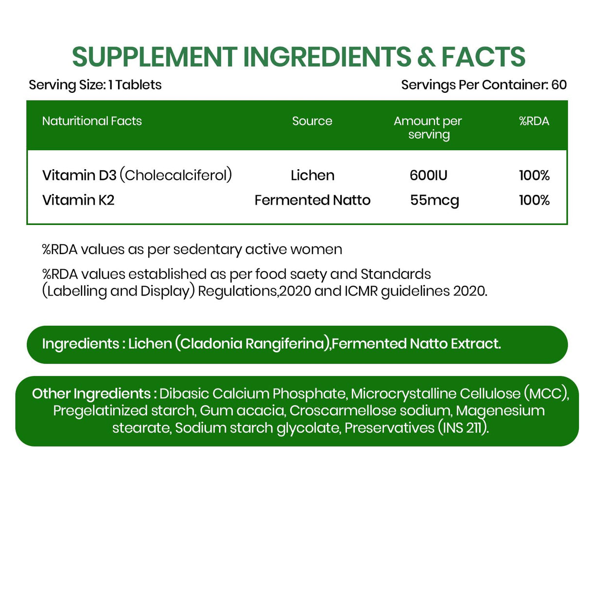Vlado's Himalayan Organics Vitamin D3 600 IU + K2 MK7 55 mcg Tablets | Lichen-Sourced Plant-Based Formula | 60 Veg Tablets