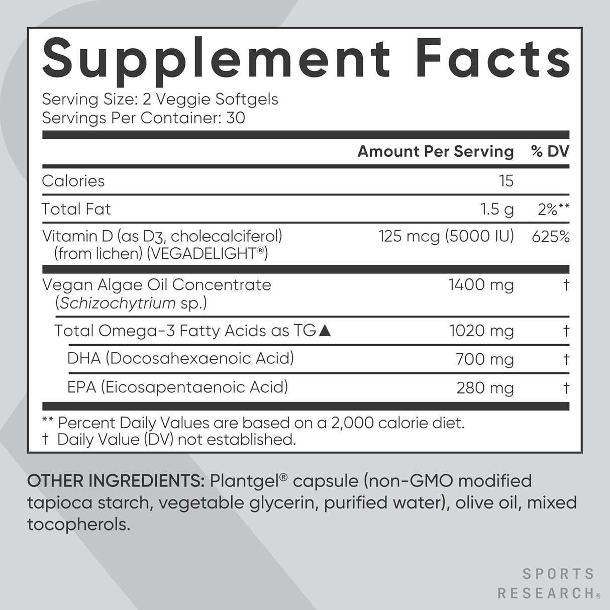 Sports Research Vegan Omega + D3 with Algae Oil | 1020mg | 60 Veggie Softgels