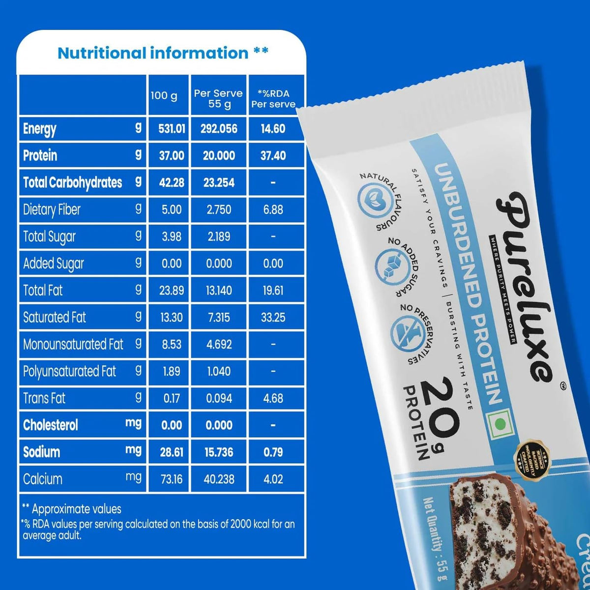 Pureluxe Nutrition Unburdened Protein Bars 55g | 20g Protein | Pack of 6