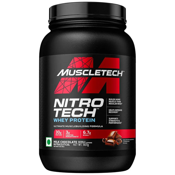 Buy MuscleTech NitroTech whey protein milk chocolate supplement online at Nutristar
