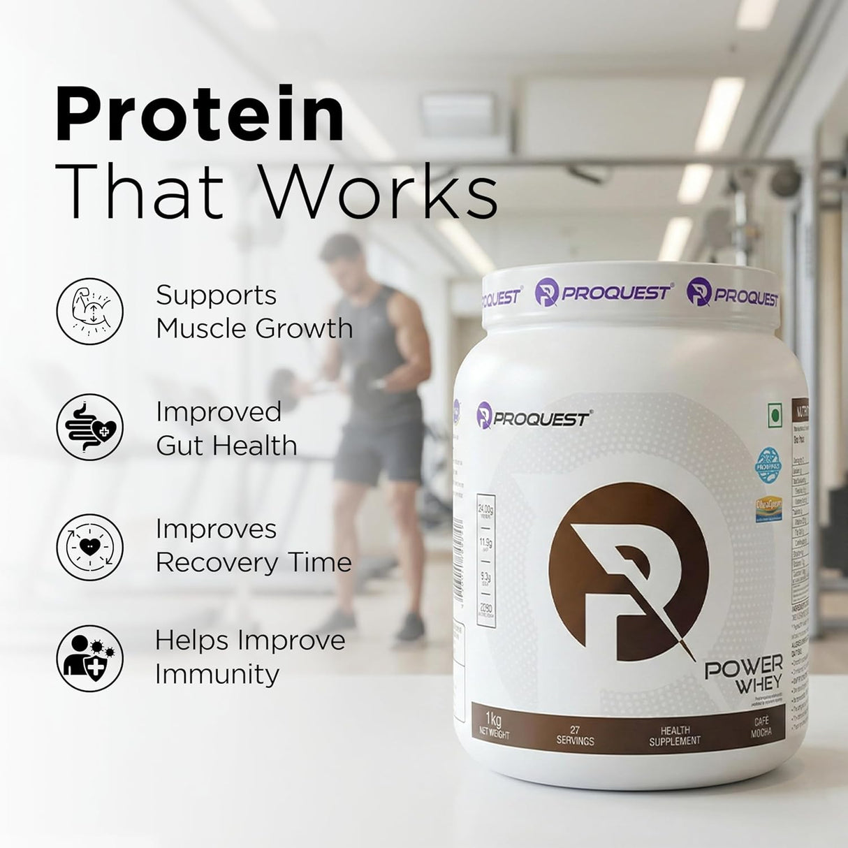 Proquest Power Whey Protein | 24g Protein Per Scoop | 5.3G Bcaa & 11.9G Eaa | Added Probiotics & Digezyme For Fast & Easy Digestion | 1 Kg