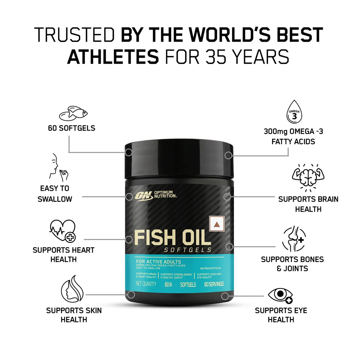 Optimum Nutrition (ON) Fish Oil - 1000mg | 180mg EPA, 120mg DHA | 60 Softgels