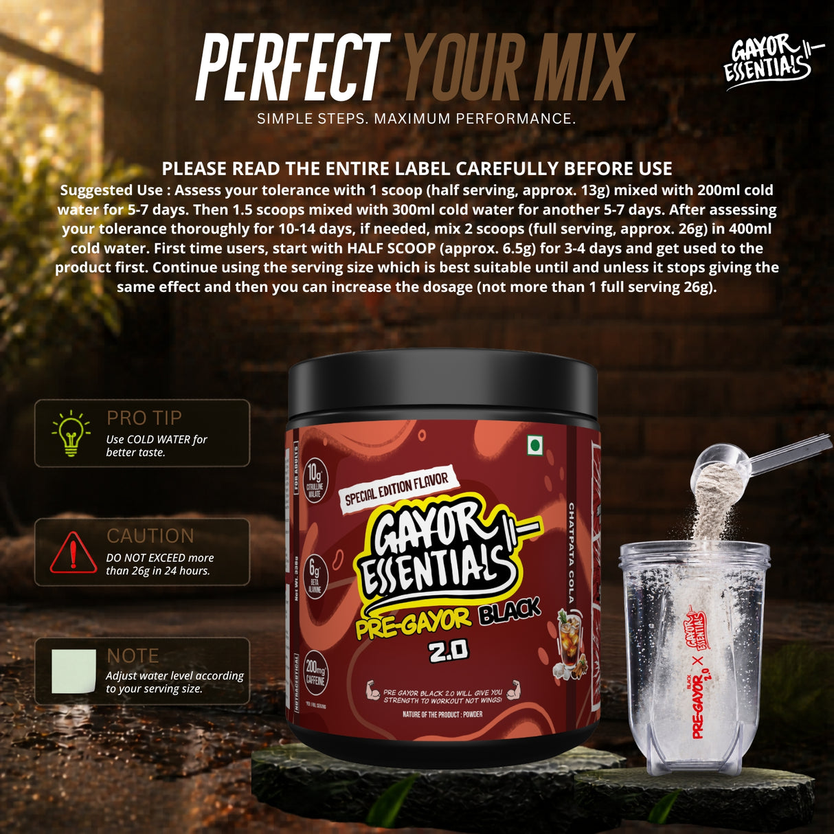 Gayor Essentials Pre Gayor Black 2.0 Pre-Workout Powder 338g | 200mg Caffeine