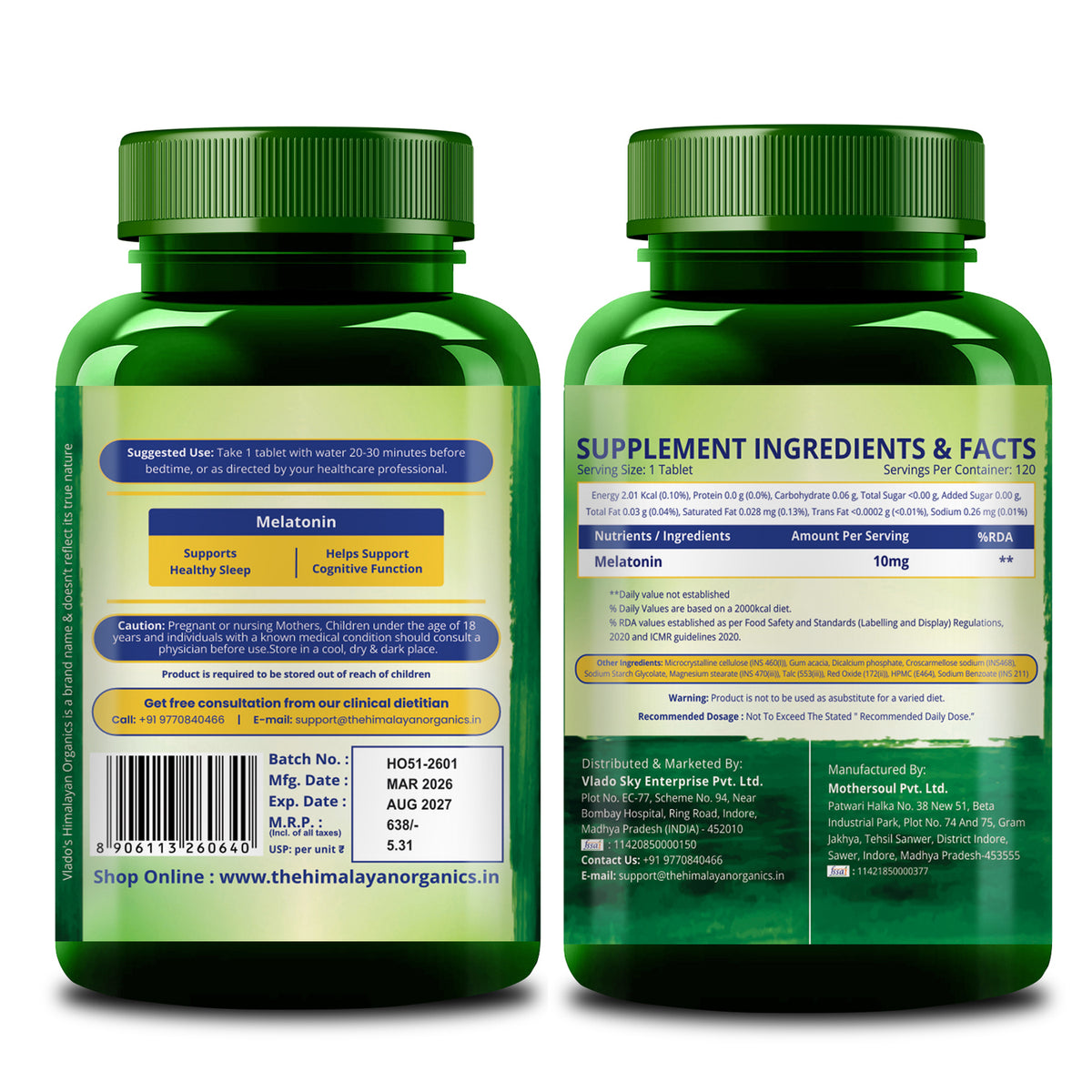 Vlado's Himalayan Organics, Melatonin, 10mg - 120 Tablets