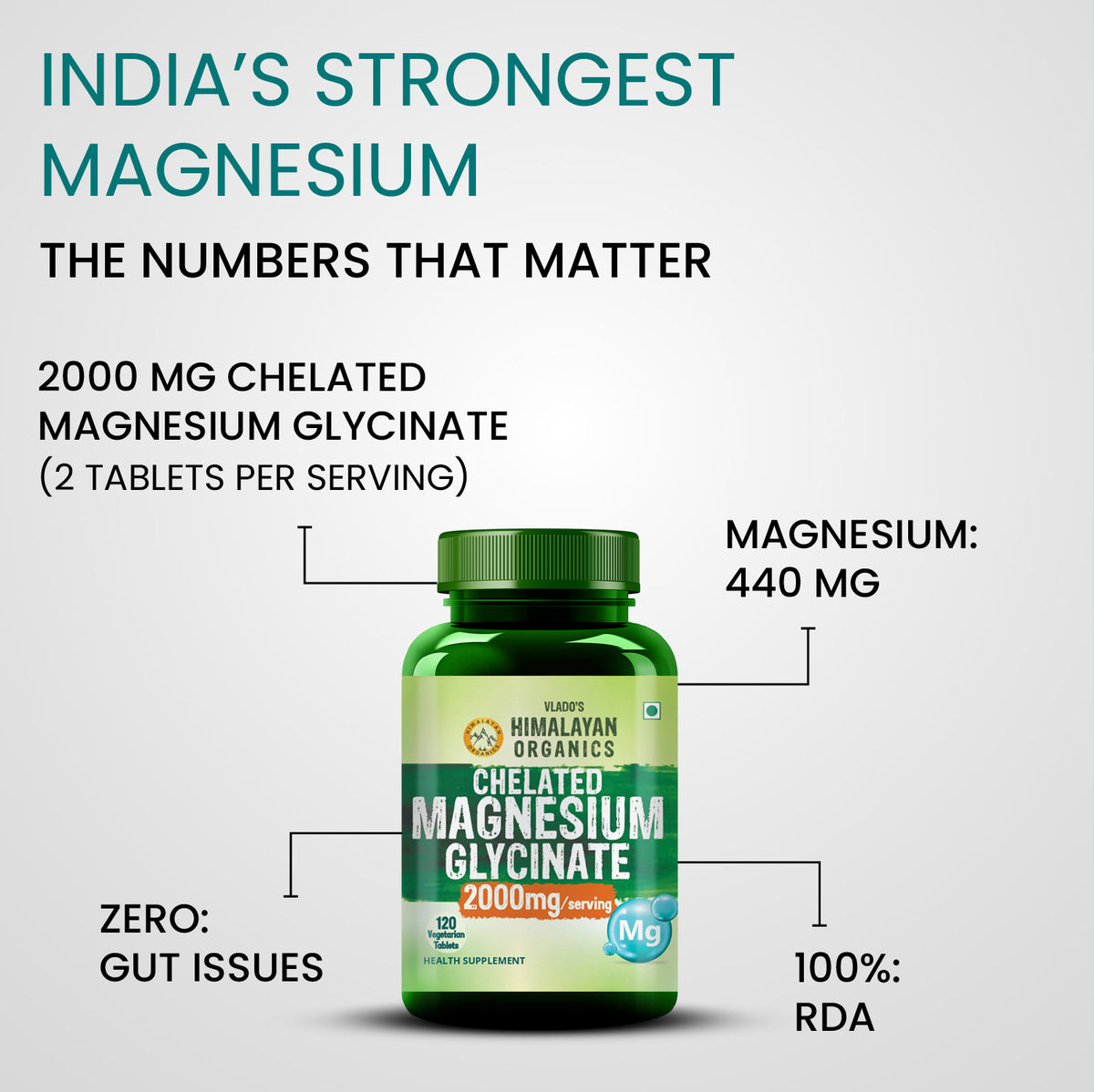 Vlado's Himalayan Organics, Chelated Magnesium Glycinate, 2000mg - 120 Veg Tablets