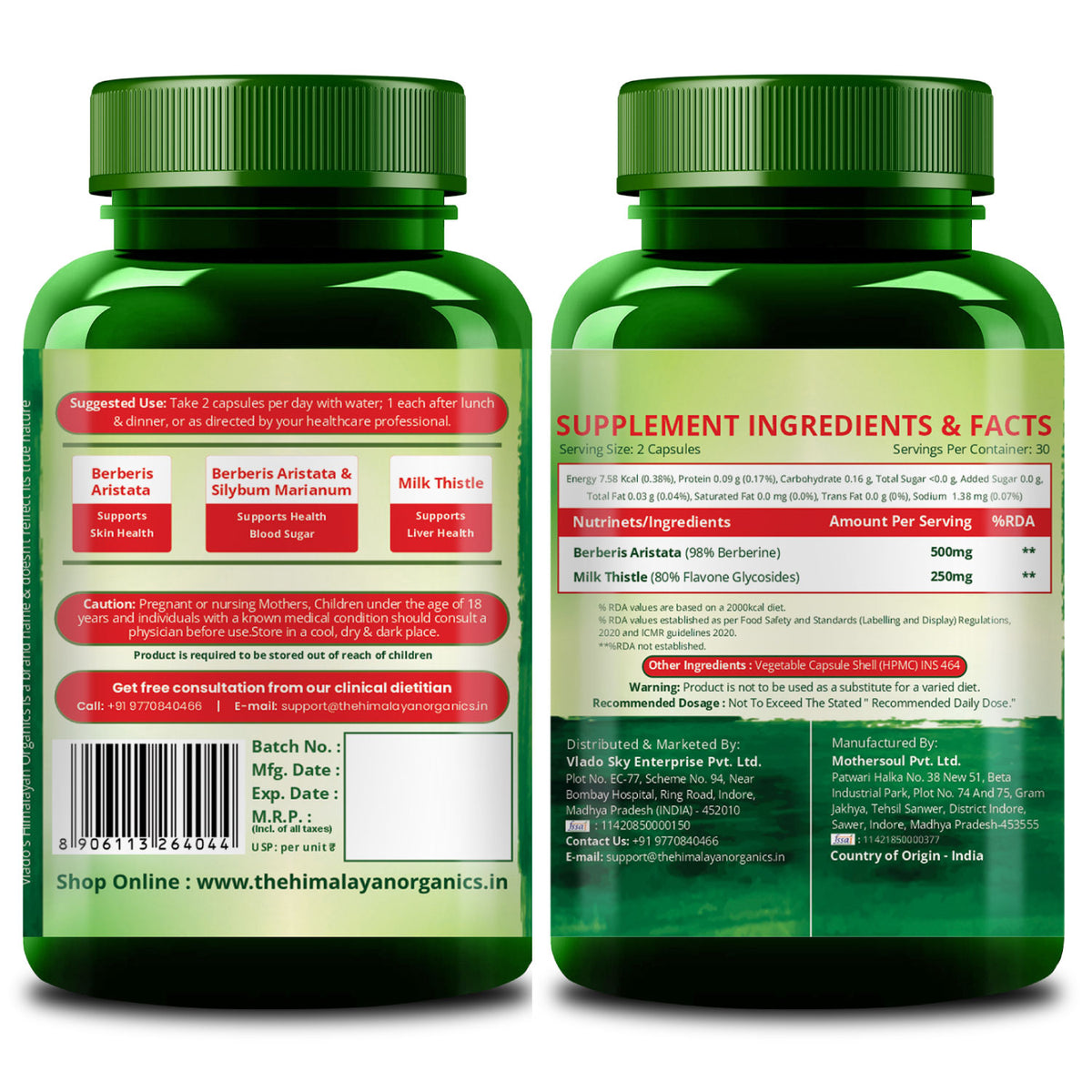 Vlado's Himalayan Organics, Berberine with Milk Thistle, 750mg - 60 Veg Capsules