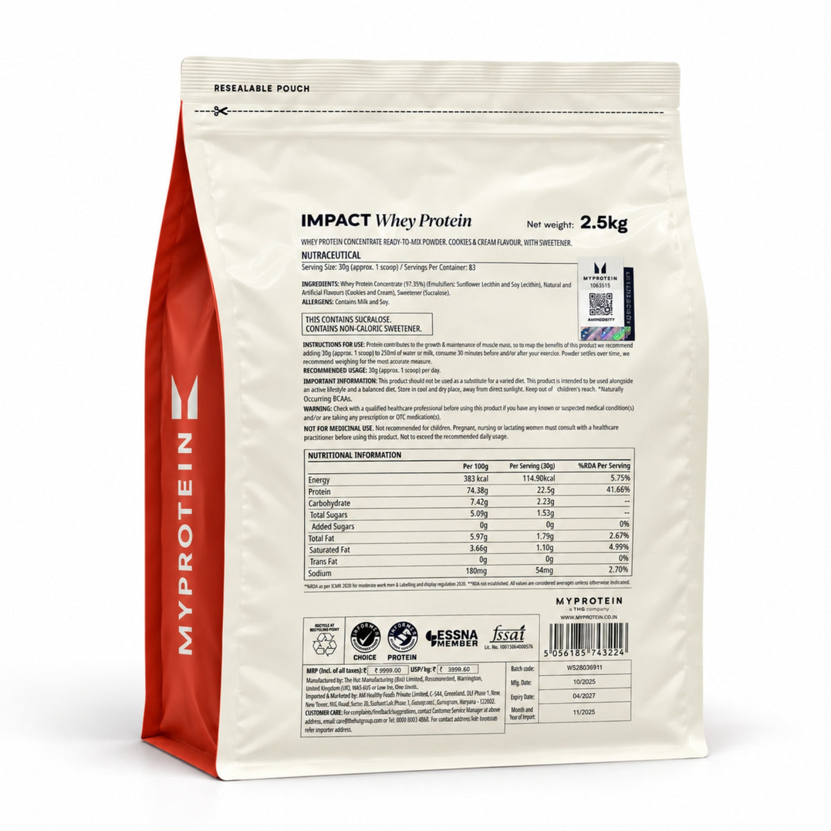 MyProtein Impact Whey Protein | 22g Protein | Supports Muscle Growth | 2.5 Kg, 83 Servings