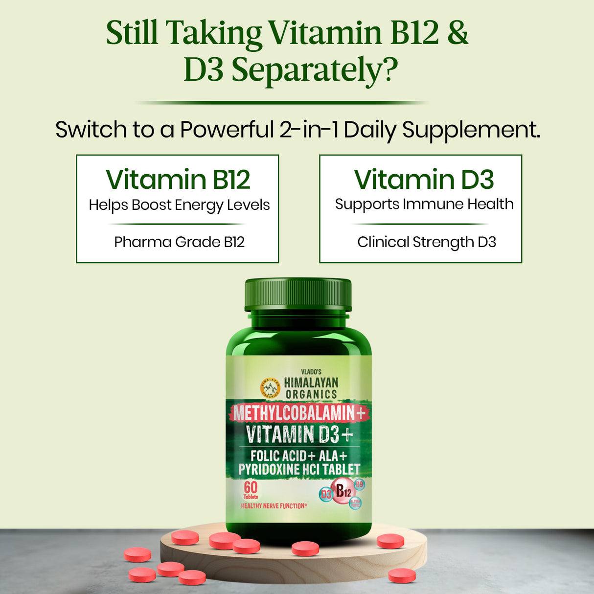Vlado's Himalayan Organics Vitamin B12 1500mcg with Vitamin D3 | 60 Tablets | Energy & Nervous System Support