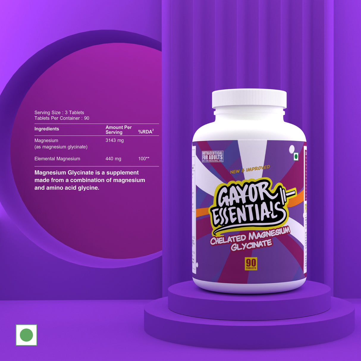 Gayor Essentials Magnesium Glycinate Supplement | 440mg Elemental Magnesium | 90 Tablets