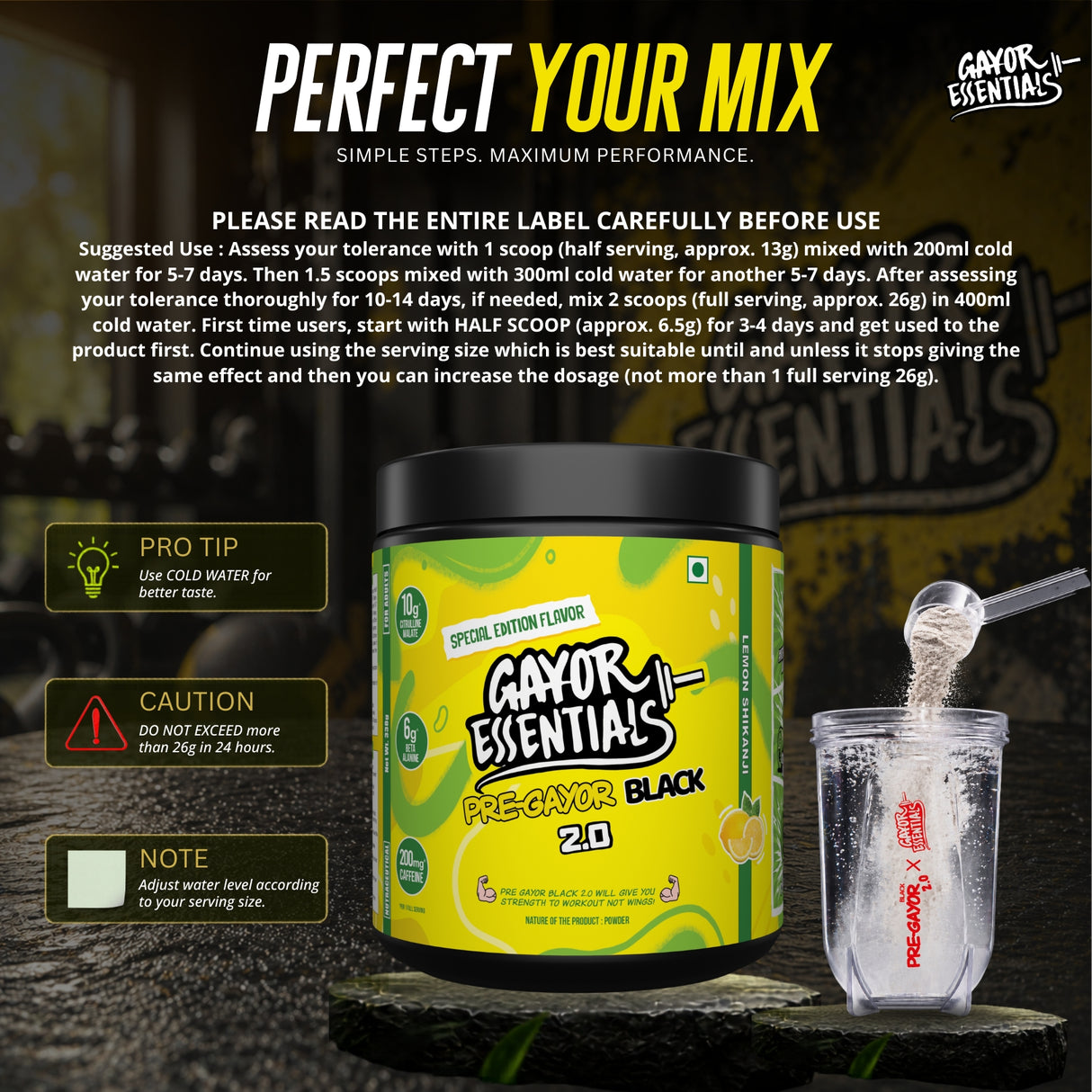 Gayor Essentials Pre Gayor Black 2.0 Pre-Workout Powder 338g | 200mg Caffeine