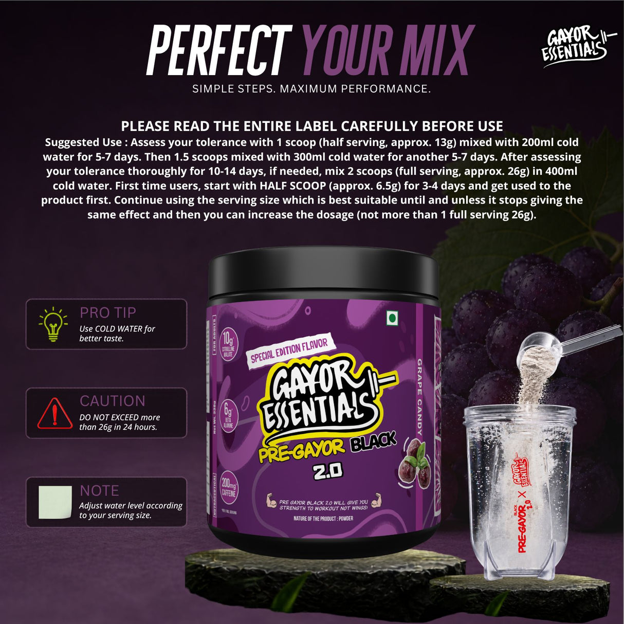 Gayor Essentials Pre Gayor Black 2.0 Pre-Workout Powder 338g | 200mg Caffeine
