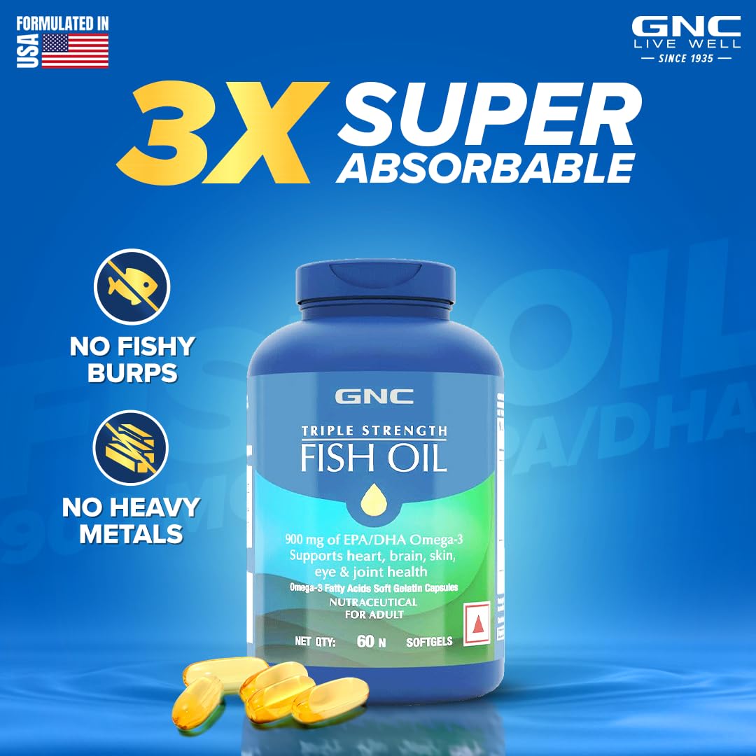 GNC Triple Strength Fish Oil - 1500 mg Fish Oil with 900 mg of highly absorbable EPA/DHA Omega-3 - 60 Softgels - Nutristar