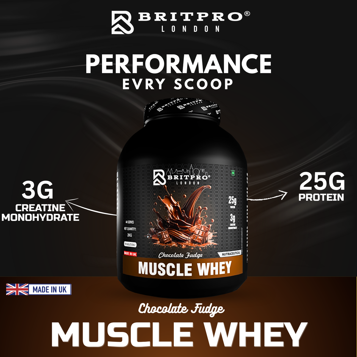 BRITPRO London Muscle Whey Protein Powder - 2kg | 44 Servings (INDIAN)