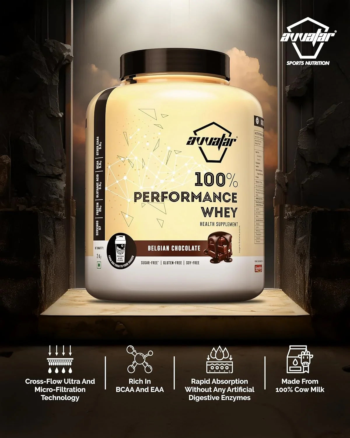 Avvatar 100% Performance Whey 2 Kg + Nutristar Micronized CREA Gold Creatine Monohydrate 250g (83 Servings) - Endurance & Muscle Power Combo