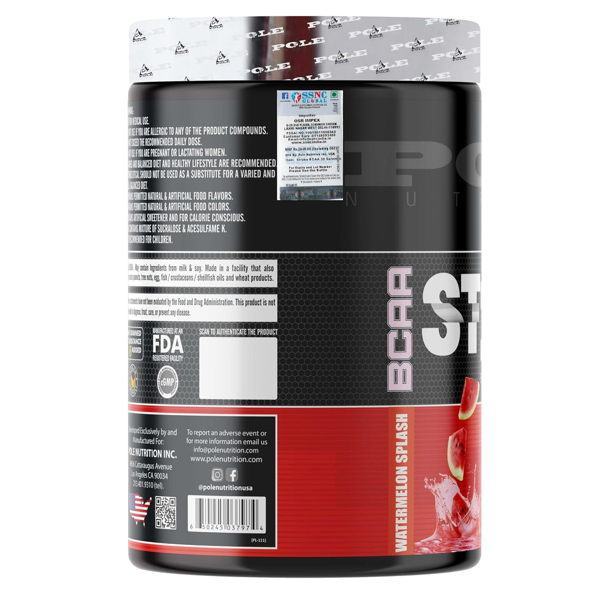 Pole Nutrition BCAA Stroke Endurance, Recovery, and Hydration 420g | 2G Citrulline Malate | 2.5g Glutamine | 30 Servings