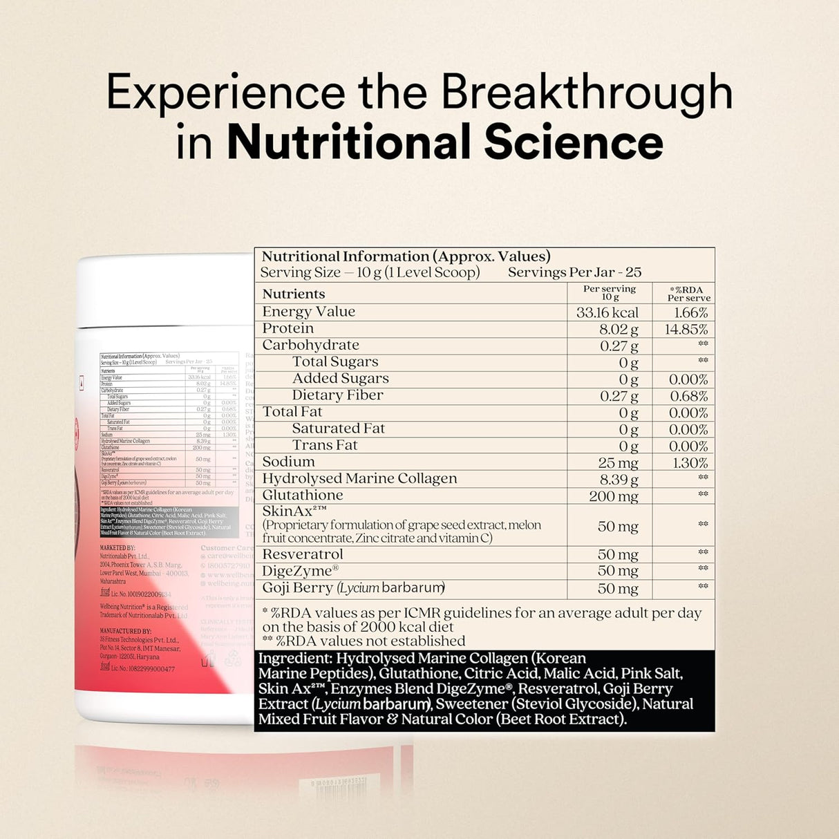 Wellbeing Nutrition Glow Collagen | 25 Servings - 250 Gm