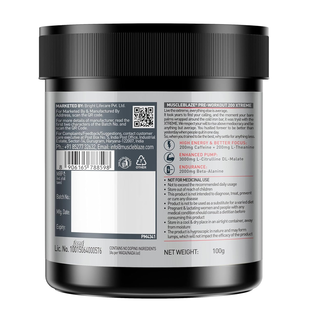 MuscleBlaze PRE Workout 200 Xtreme, 100 g - 15 Servings