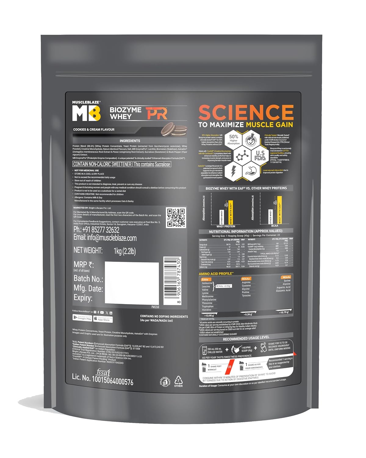 MuscleBlaze Biozyme Performance Whey Protein PR - 2.2 Lbs (Refill Pack)
