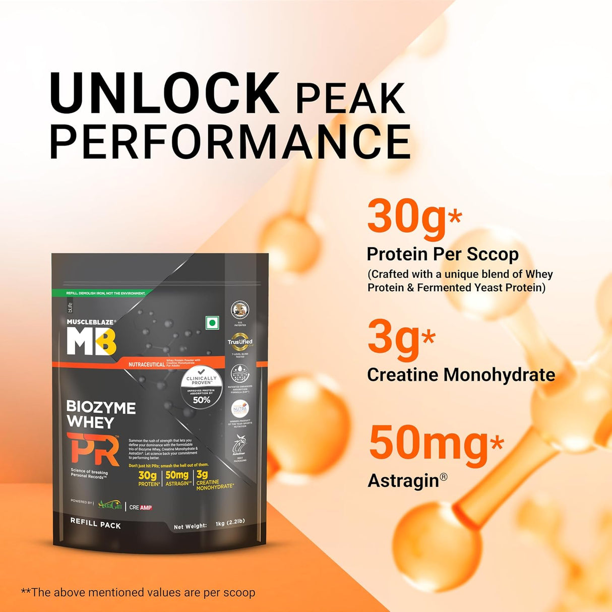 MuscleBlaze Biozyme Performance Whey Protein PR - 2.2 Lbs (Refill Pack)