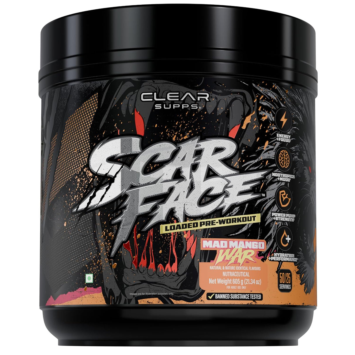 Clear Supps Scarface Fully Loaded Pre-Workout Powder 650g | Creatine, Citrulline & Beta-Alanine | 50 Servings